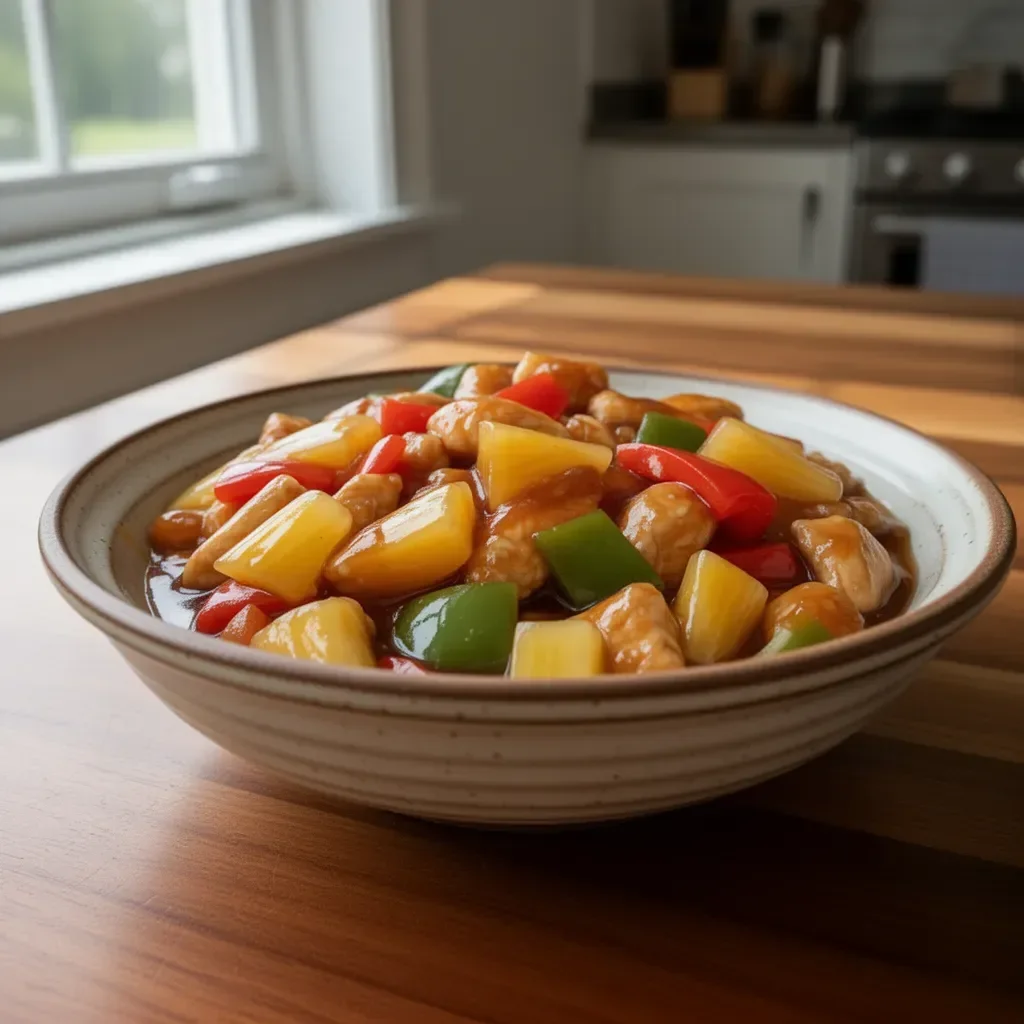 Crockpot Sweet and Sour Chicken served in a bowl with colorful vegetables