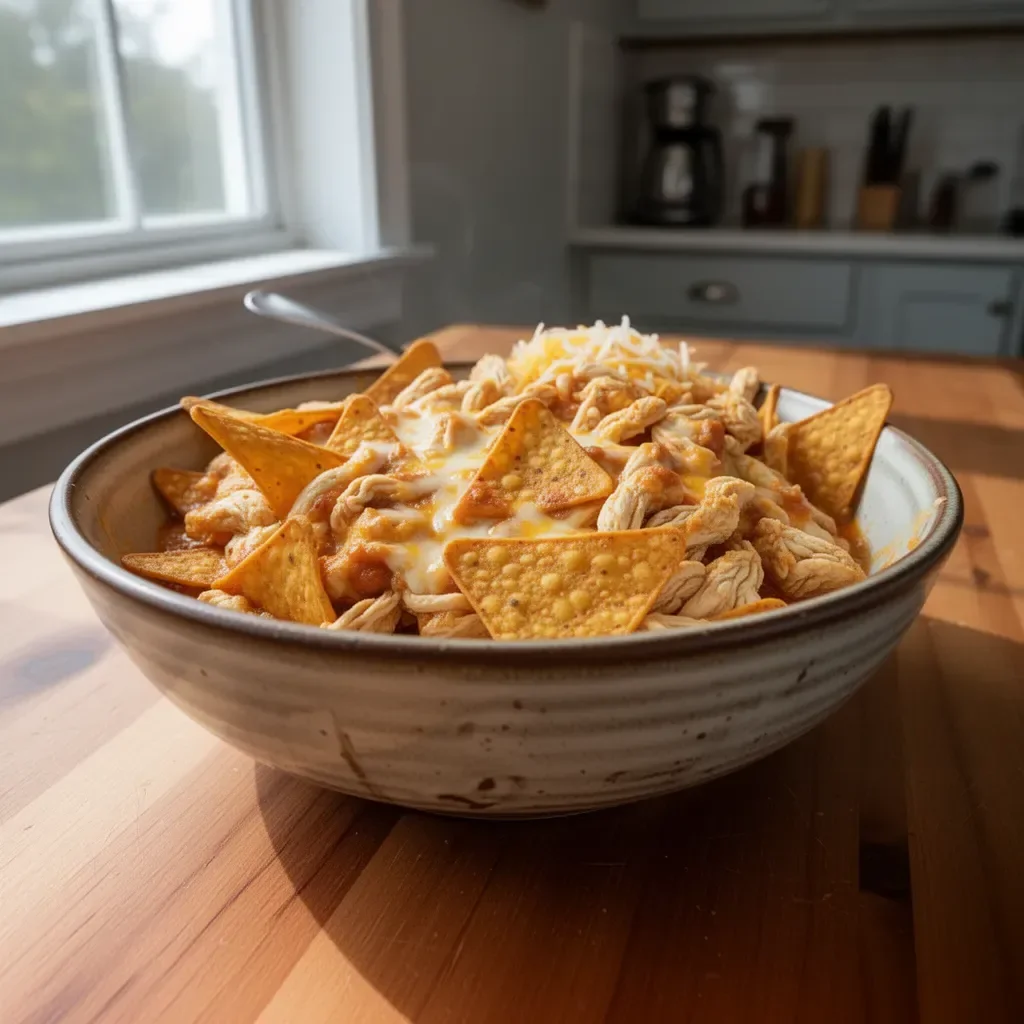 Delicious Dorito chicken casserole topped with crunchy chips