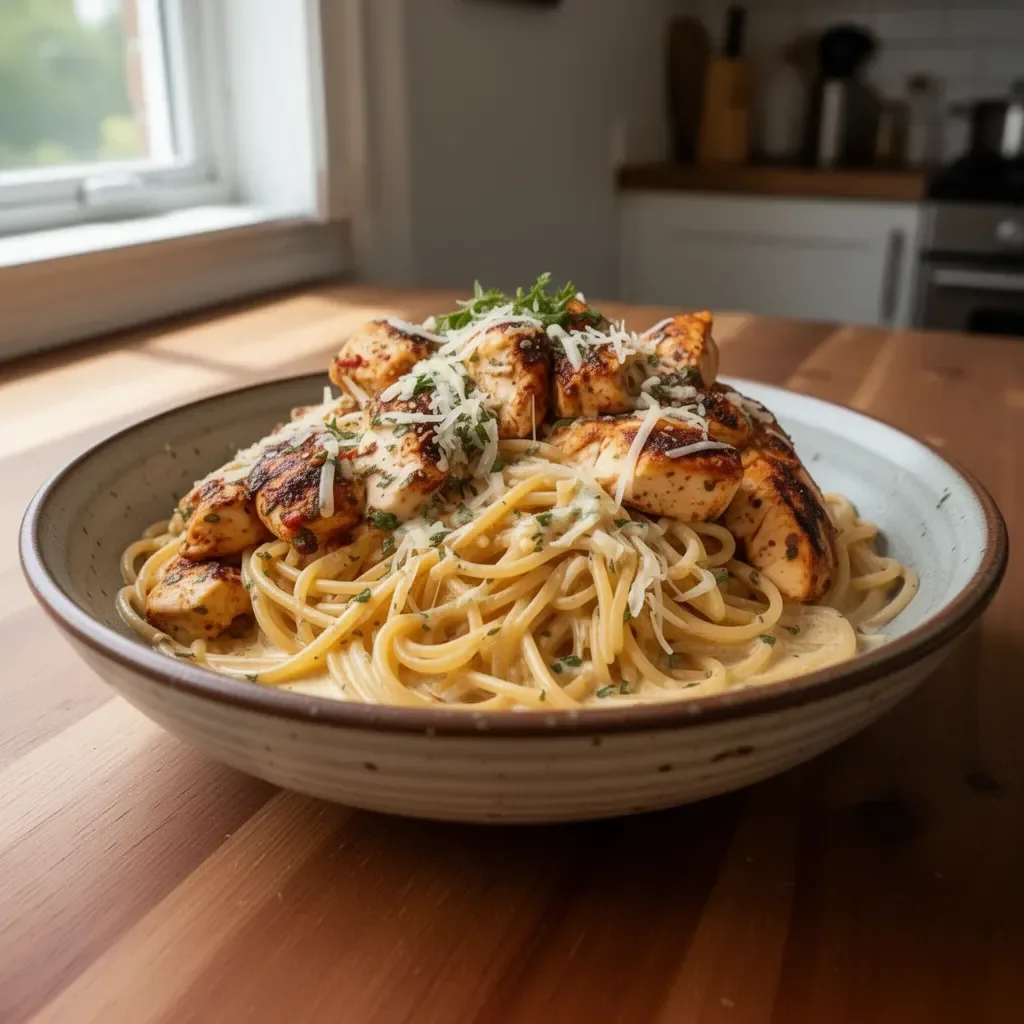 Creamy Cajun Chicken Spaghetti served in a bowl with fresh herbs