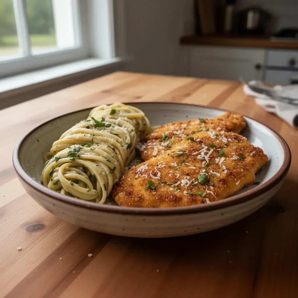Crispy Italian chicken cutlet served with a side of pasta and salad