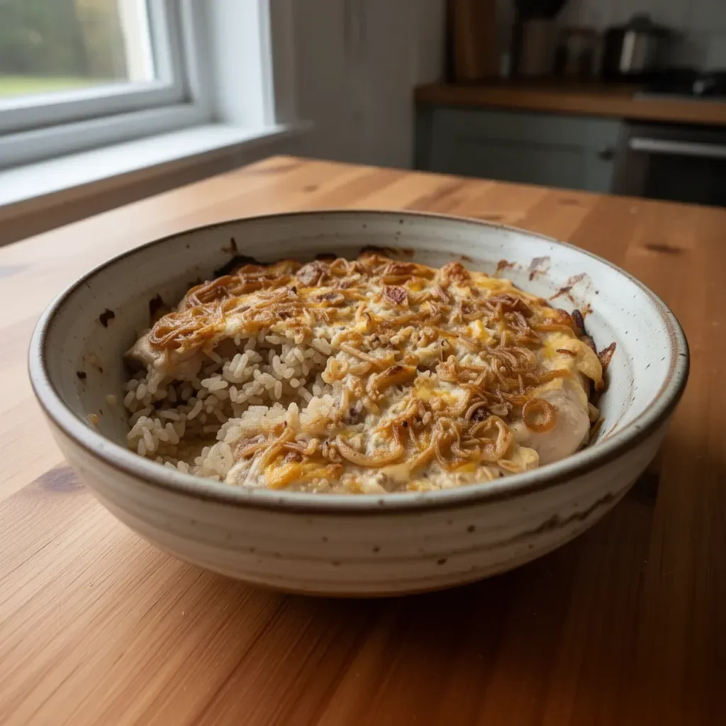 French onion chicken and rice bake dish topped with melted cheese