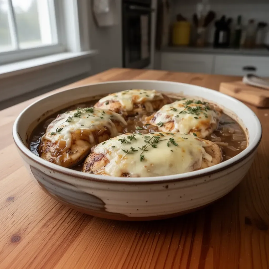 French Onion Soup Chicken Bake topped with melted cheese and herbs