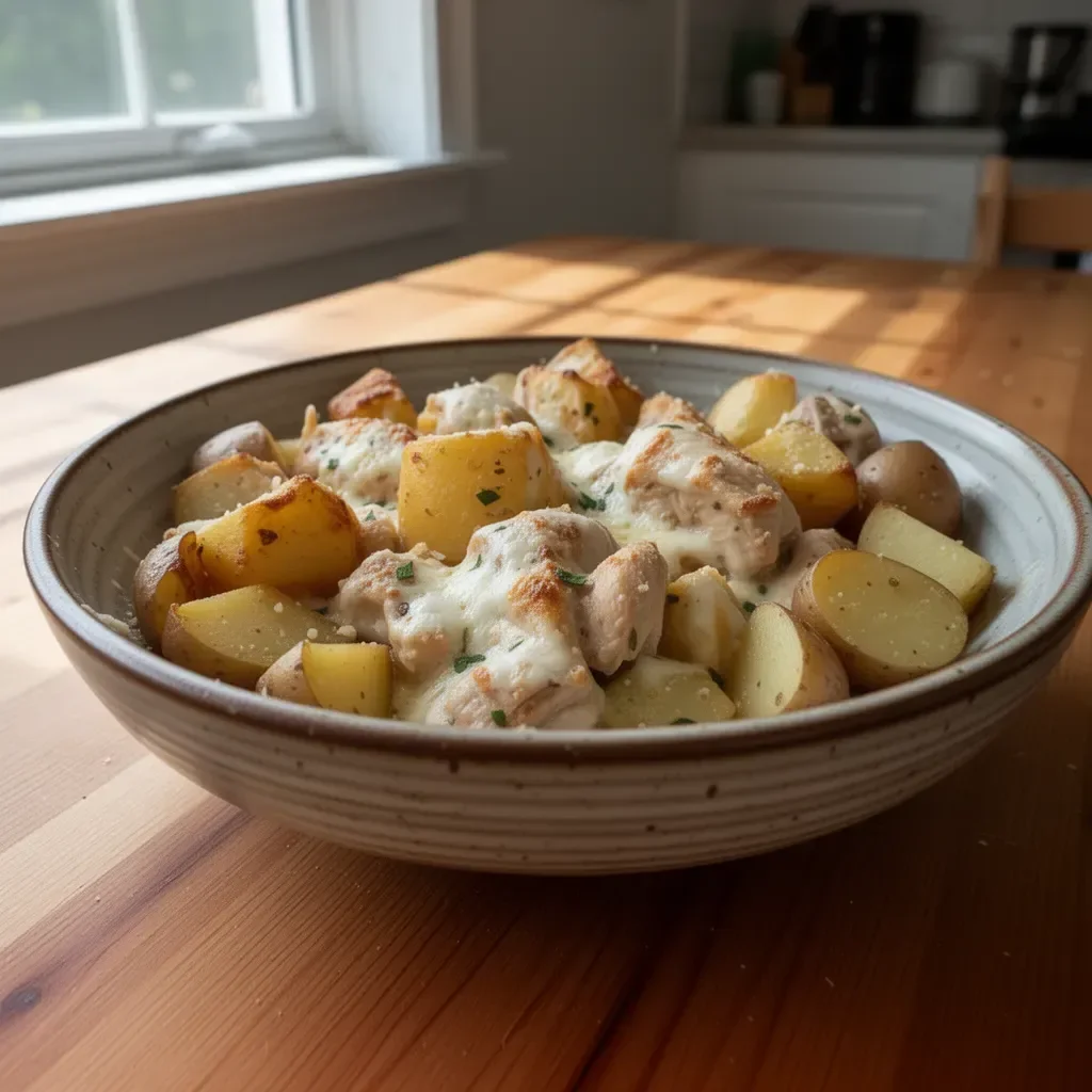 Delicious Garlic Parmesan Chicken and Potatoes cooked in a crockpot