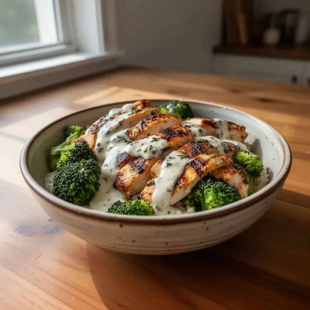 Grilled chicken broccoli bowl topped with creamy garlic sauce