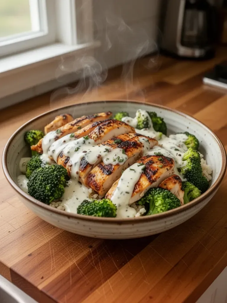 Grilled Chicken Broccoli Bowls with Creamy Garlic Sauce