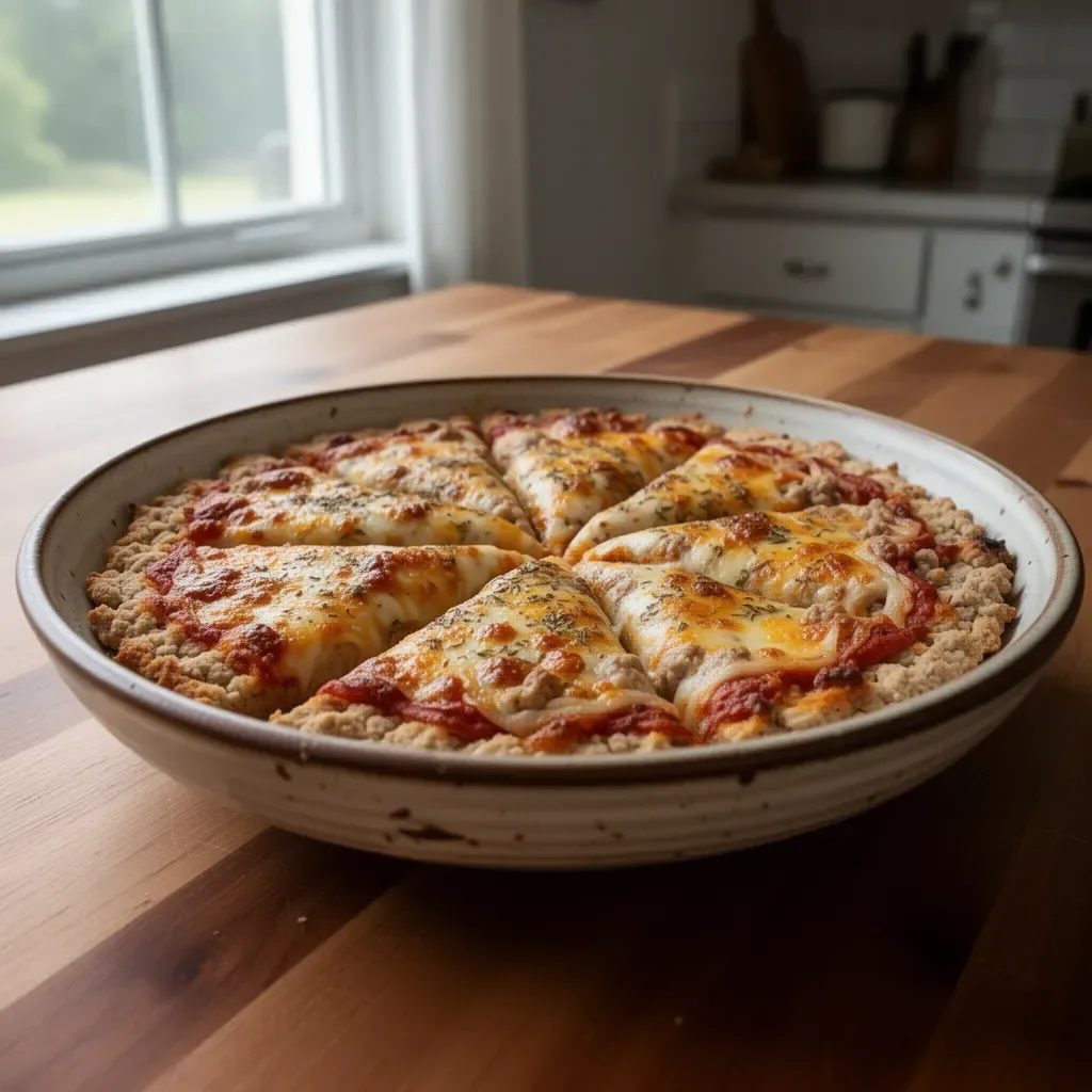 Ground chicken pizza crust served with fresh toppings on a wooden board