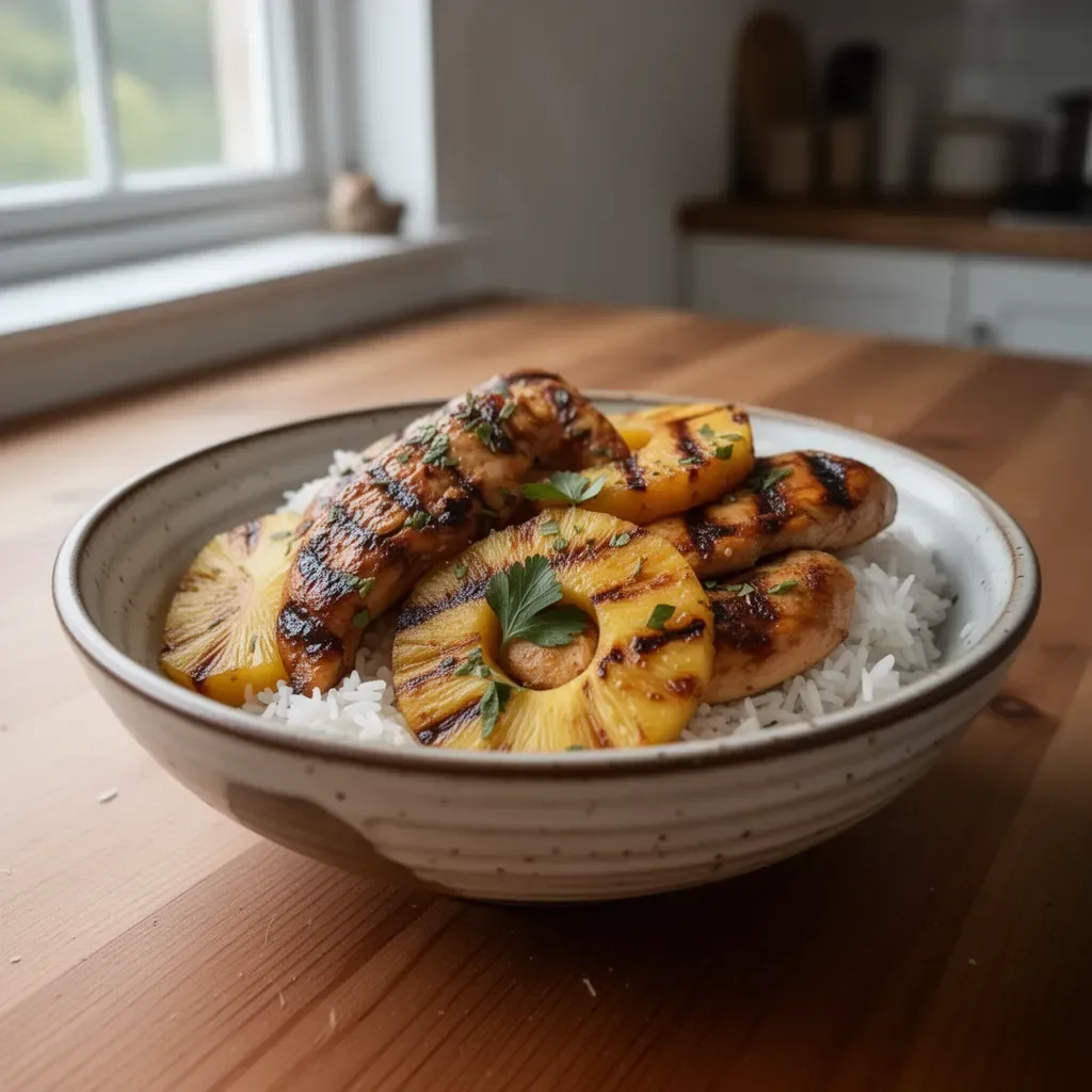 Hawaiian Chicken served with pineapple and coconut rice on a plate