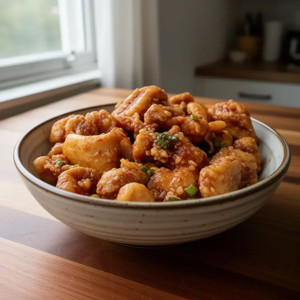 Hawaiian Style Korean Chicken dish garnished with fresh vegetables