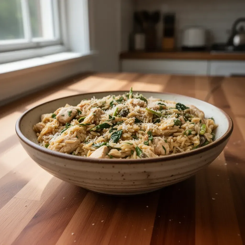 Bowl of high protein chicken orzo with fresh vegetables and herbs
