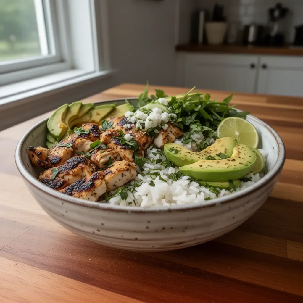 Honey Lime Chicken served over avocado rice in a nutritious bowl.