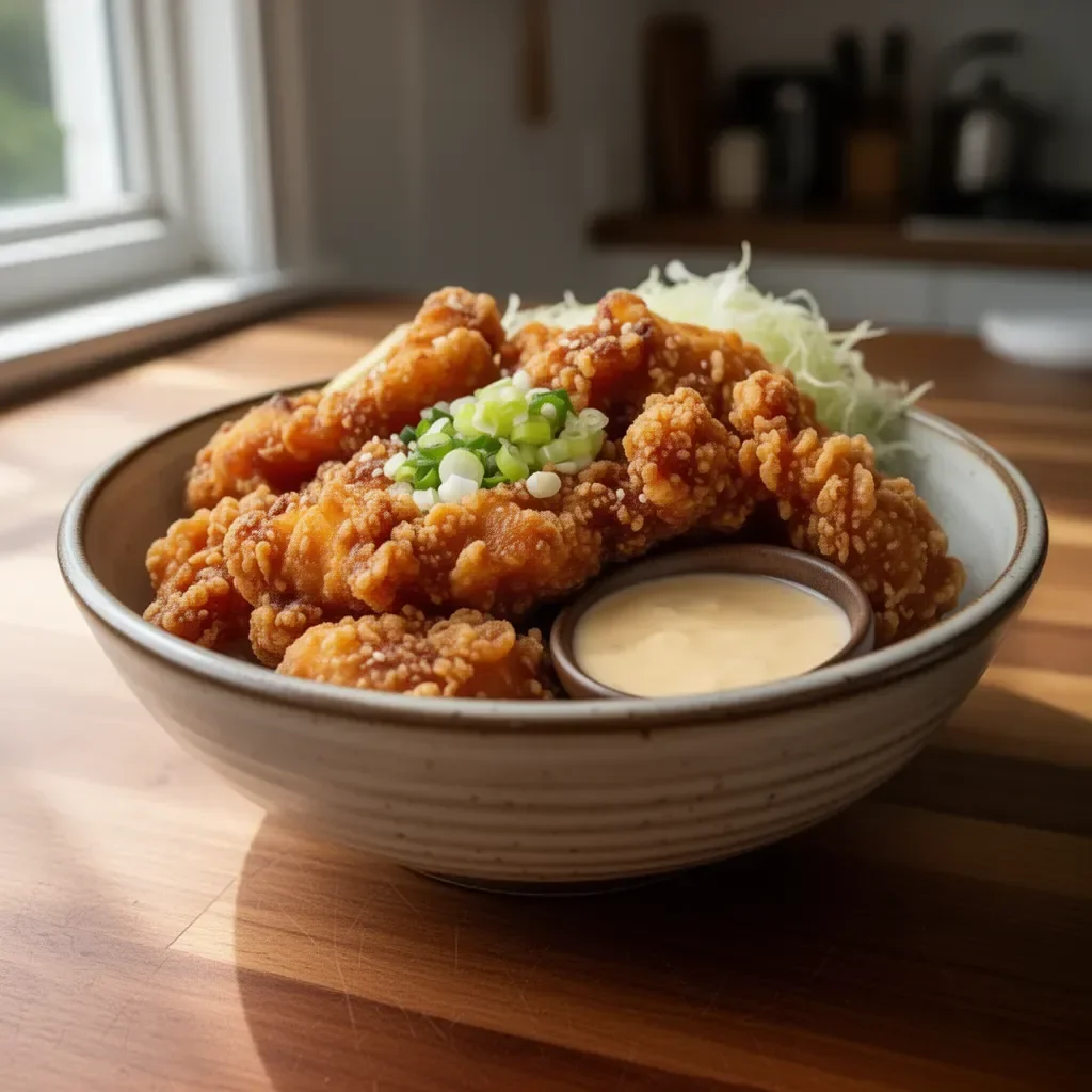 Deliciously crispy karaage chicken served with dipping sauce