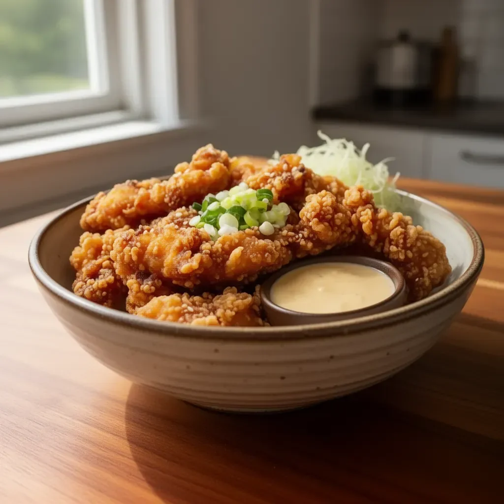 Irresistibly crunchy karaage served with dipping sauce and lemon wedges
