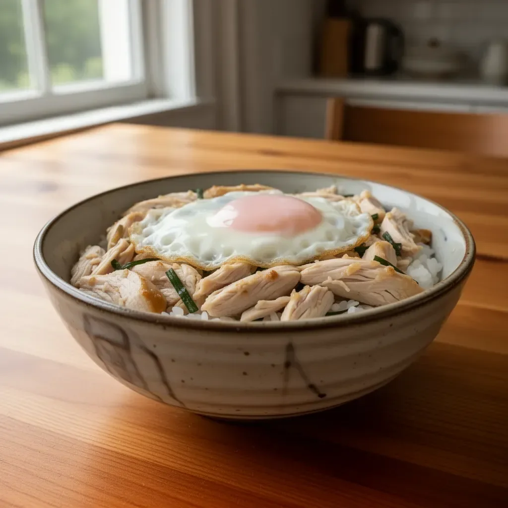 Japanese inspired chicken and egg rice bowl with rice, chicken, and eggs.