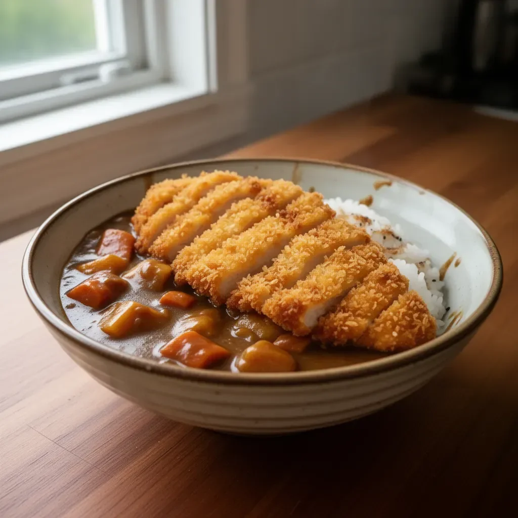 A plate of Japanese Katsu Curry featuring crispy chicken cutlet and rich curry sauce.