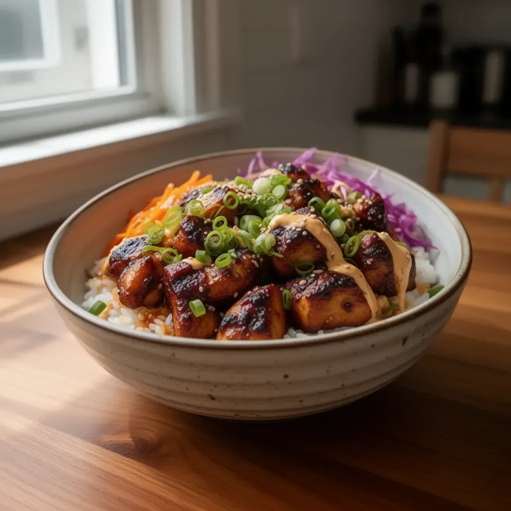 Delicious Korean BBQ Chicken Bowl with rice and vegetables