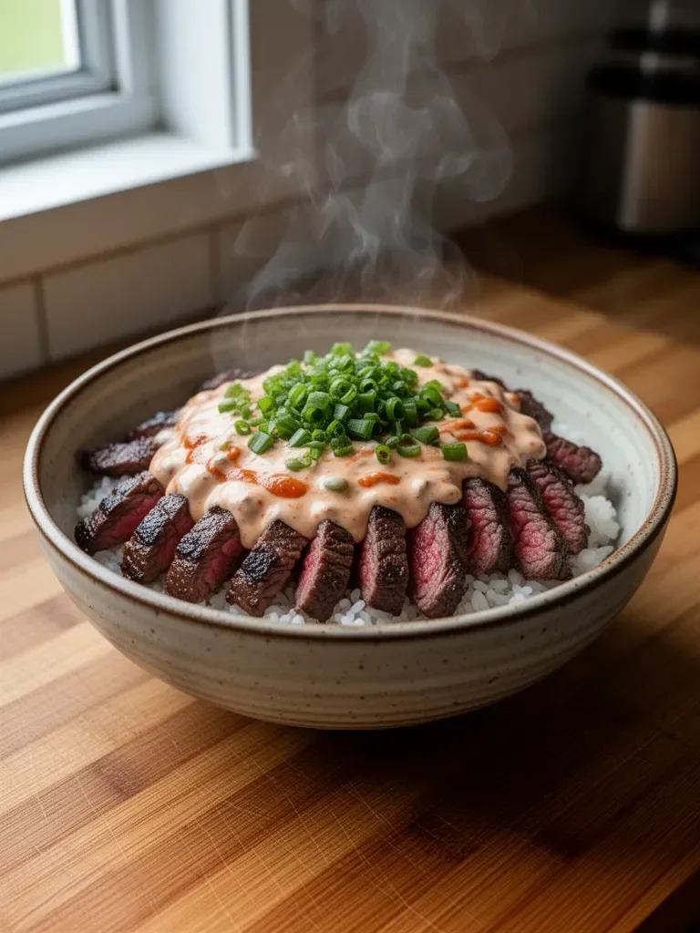 Korean BBQ Steak Rice Bowls with Spicy Cream Sauce
