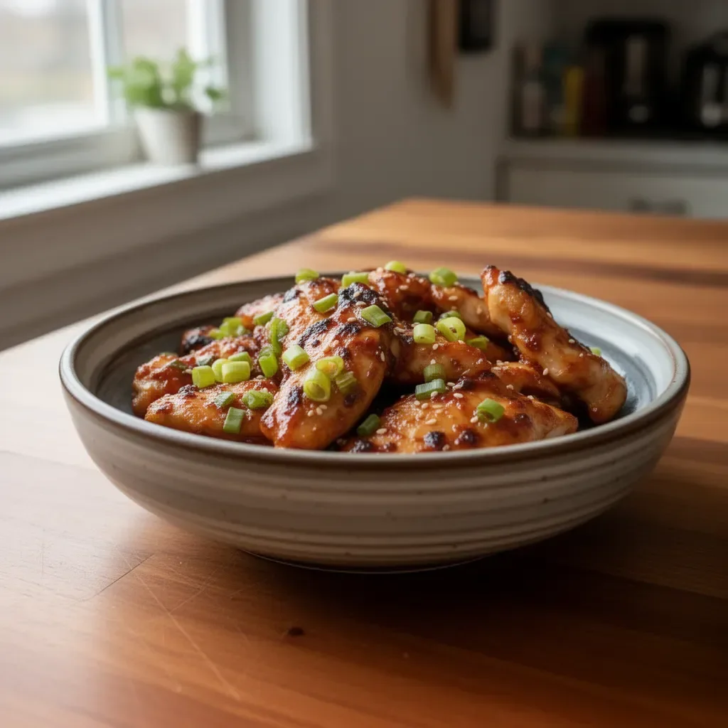 Grilled Korean chicken breasts served with a side of vegetables