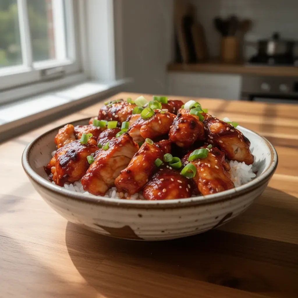 Plate of Korean Chili Paste Chicken garnished with sesame seeds and green onions