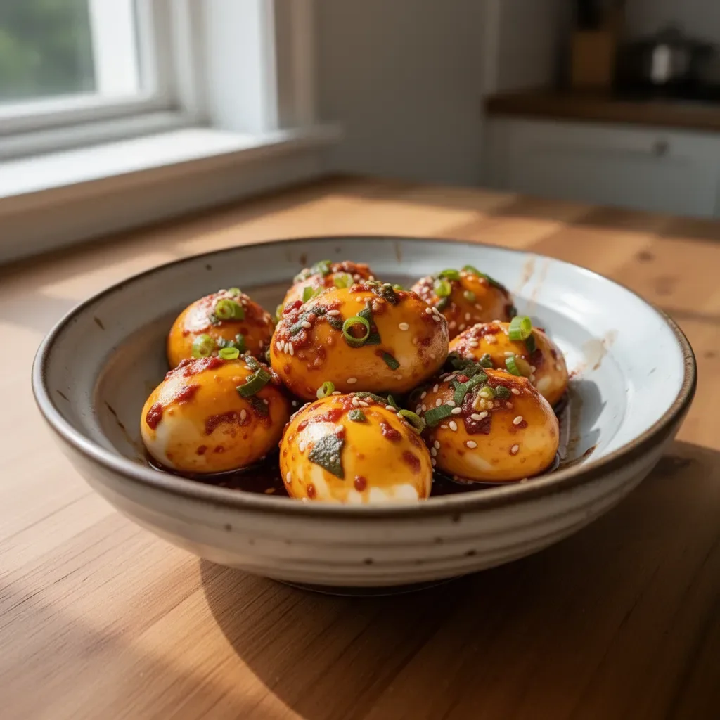 Delicious Korean marinated eggs served in a bowl with spices and sauce
