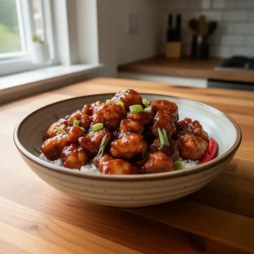 Delicious Mongolian Chicken served with vegetables and rice in a bowl.