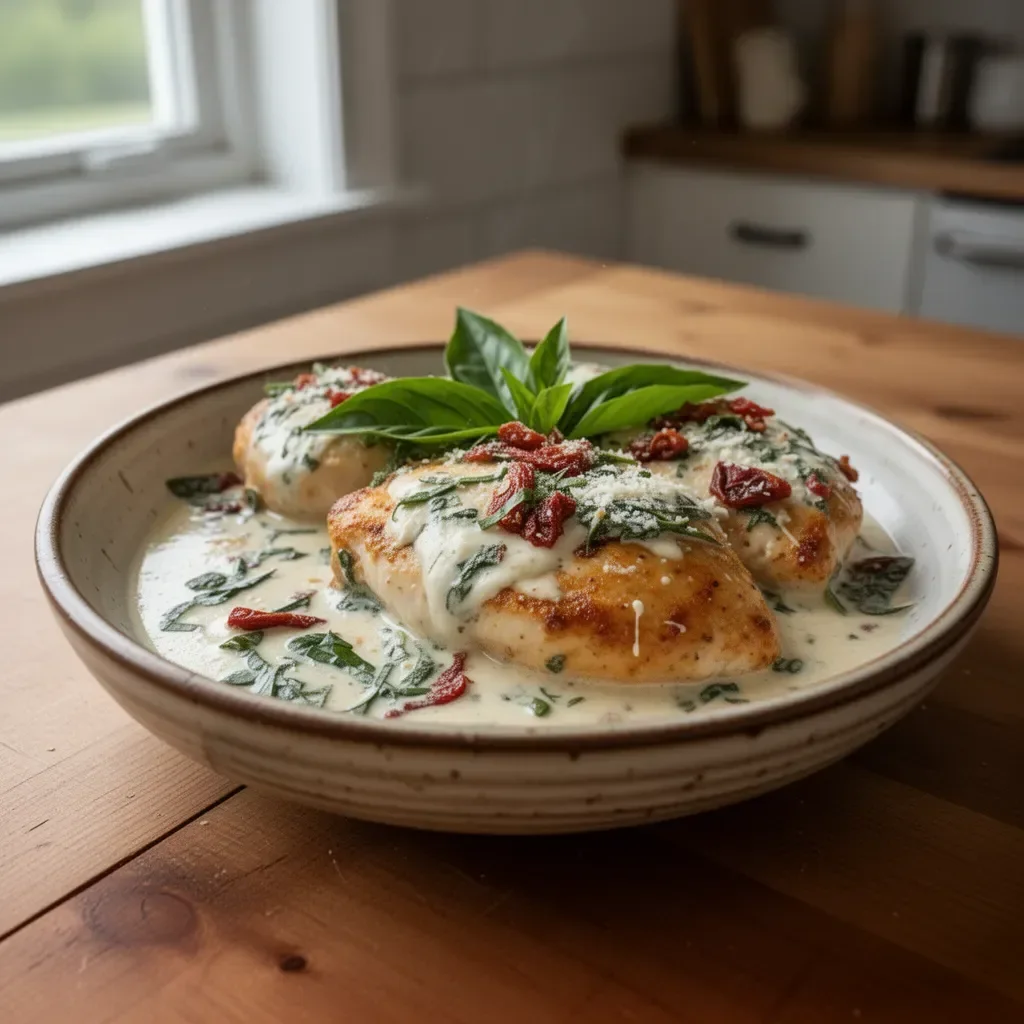Plate of Mozzarella Chicken served in Basil Cream Sauce with fresh basil garnish
