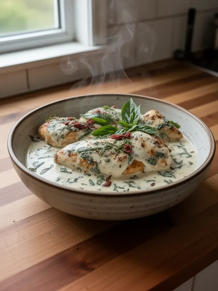 Mozzarella Chicken in Basil Cream Sauce
