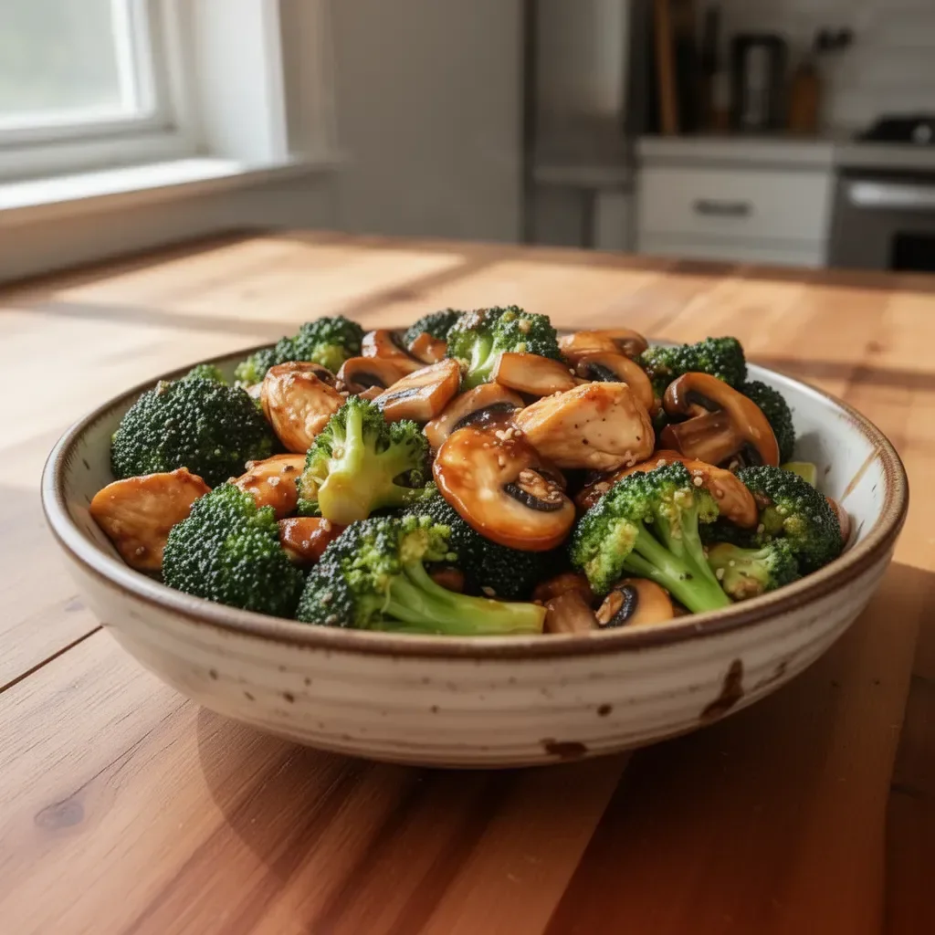 Delicious chicken stir-fry with broccoli and mushrooms