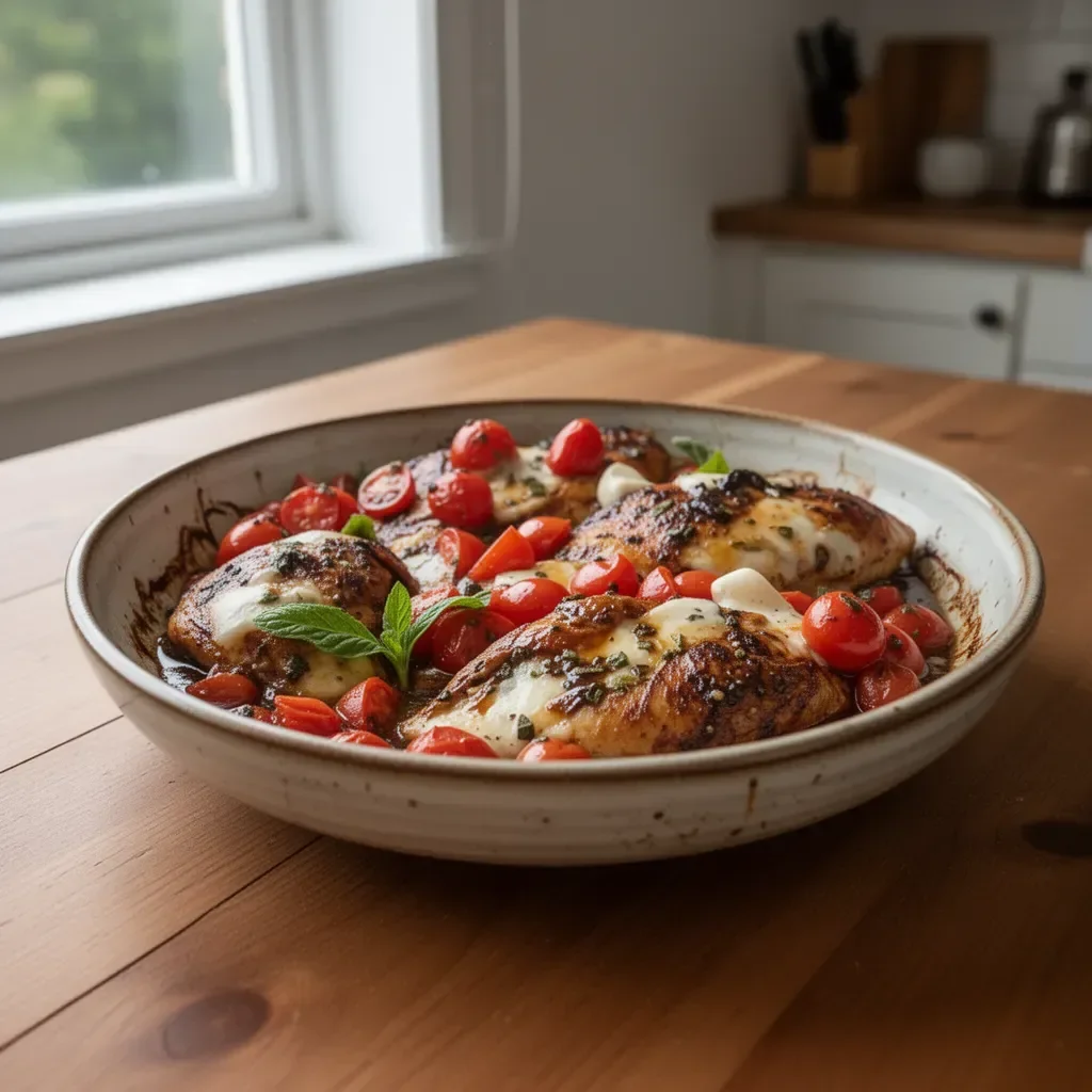 One-Pan Juicy Chicken with Balsamic Sauce 3 One-pan juicy chicken with balsamic sauce served with vegetables