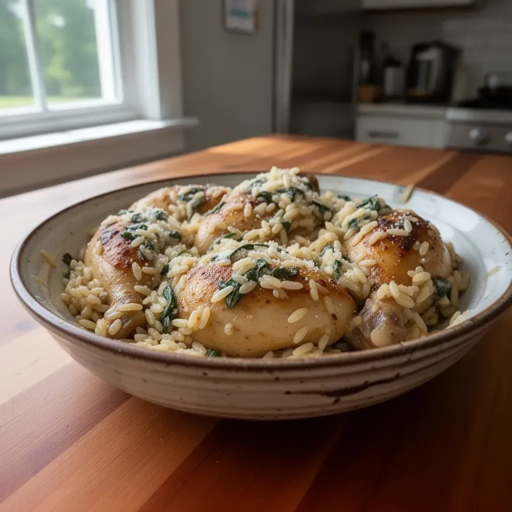 One-Pan Marry Me Chicken Orzo dish served in a skillet
