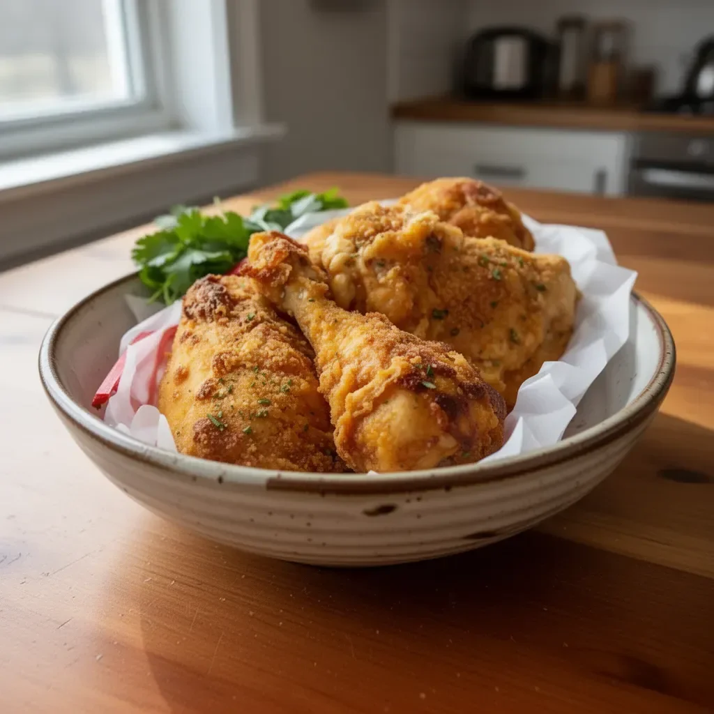 Delicious oven fried chicken served on a plate with crispy coating.