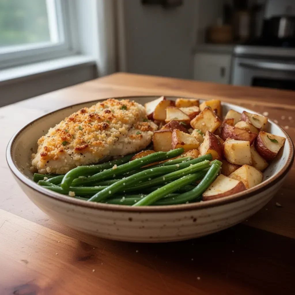 Delicious Parmesan Crusted Chicken roasted on a sheet pan with vegetables.