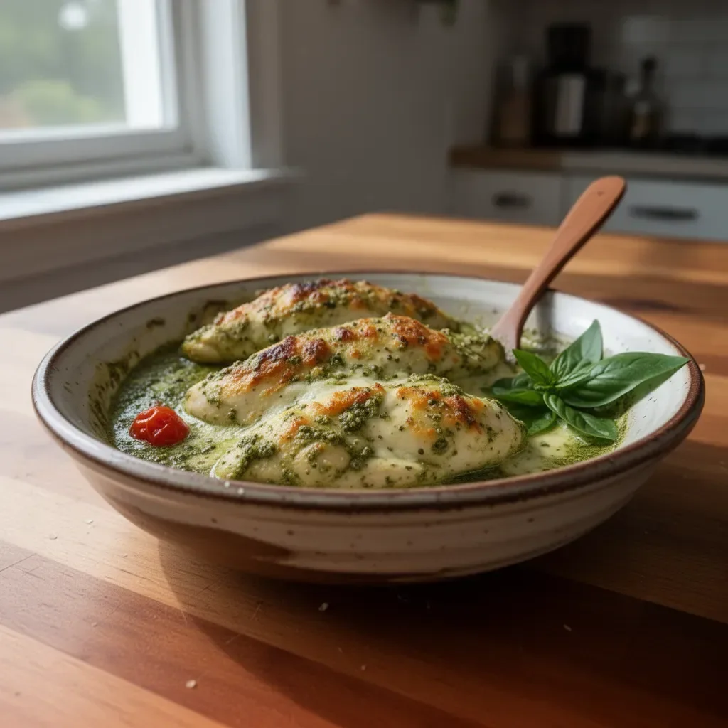 Delicious Pesto Chicken Bake topped with fresh basil and cheese