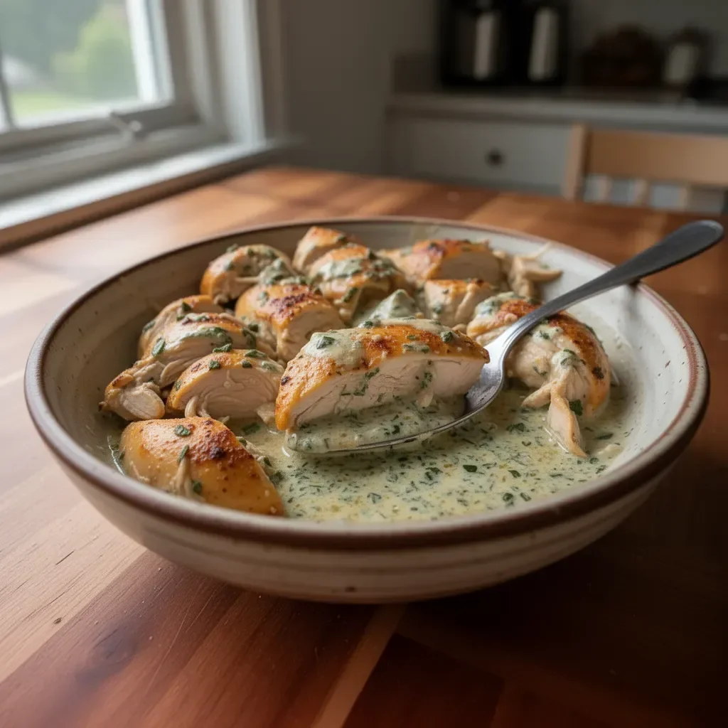 Delicious Ranch Chicken Crock Pot dish with herbs and spices.