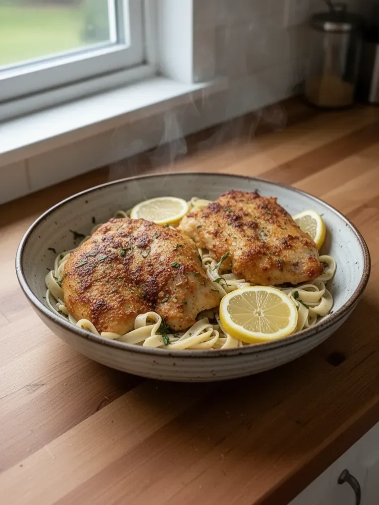 Romano Chicken with Lemon Garlic Pasta