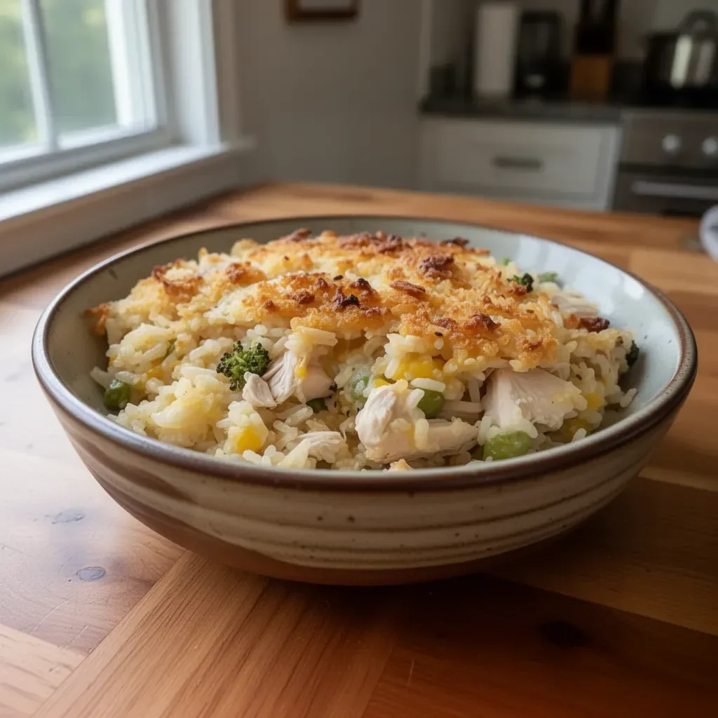 Creamy rotisserie chicken and rice casserole baked to perfection