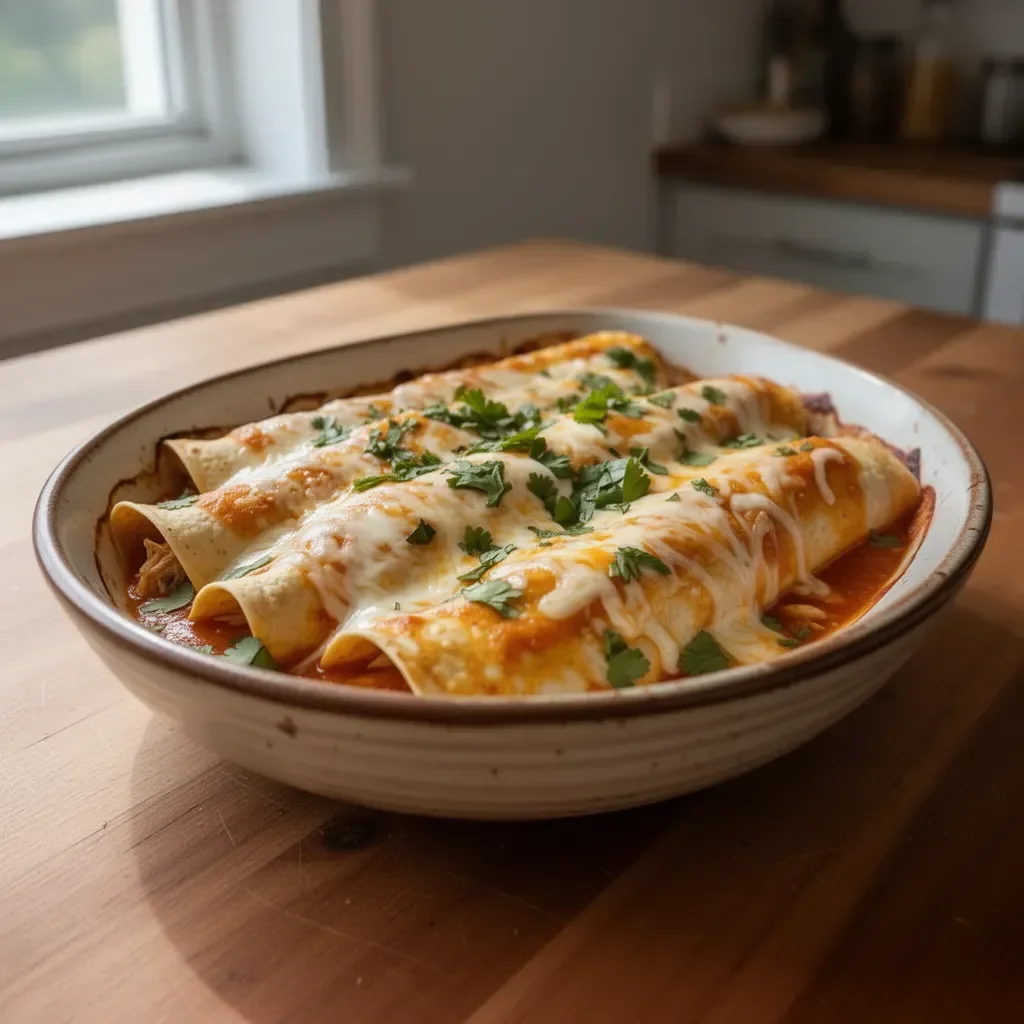 Rotisserie Chicken Enchiladas topped with cheese and fresh cilantro