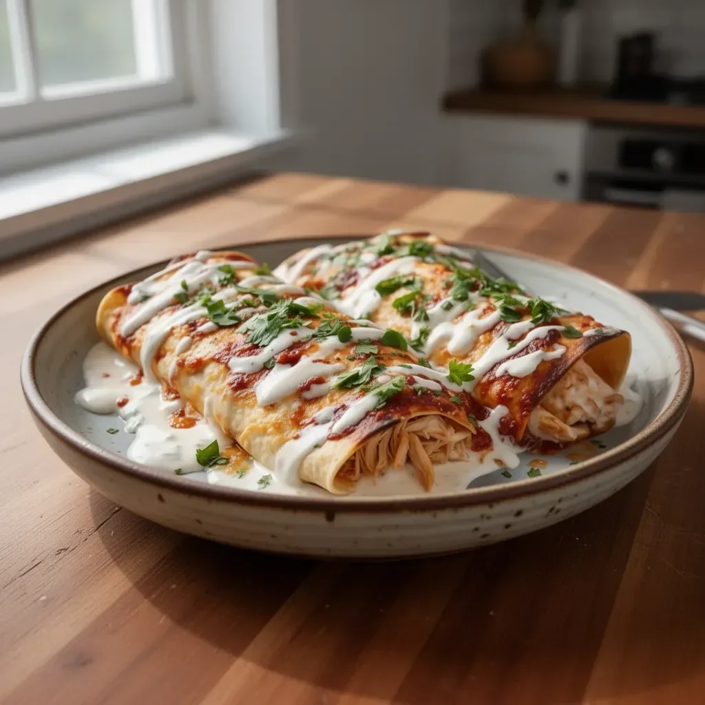 Rotisserie chicken sour cream enchiladas topped with cheese and cilantro