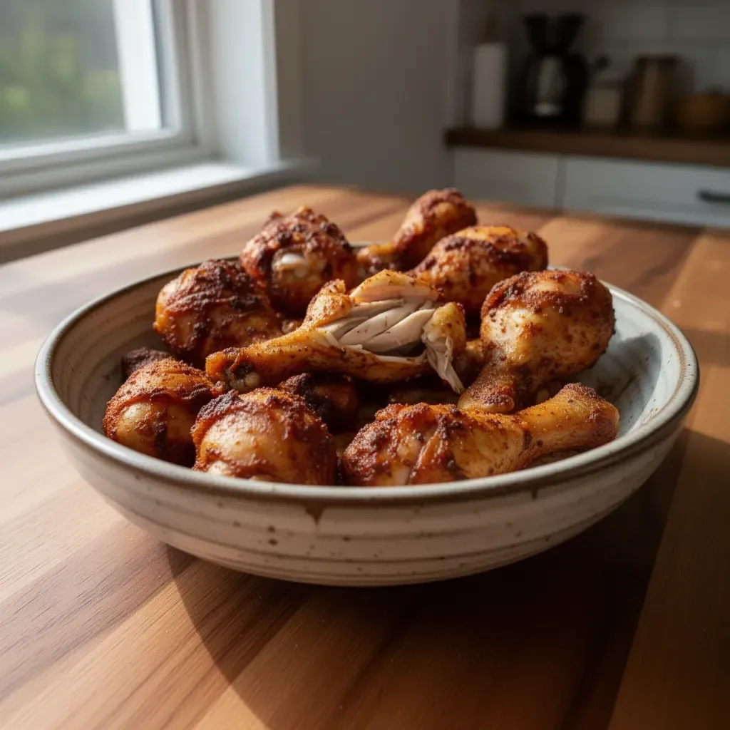Seasoned Crispy Chicken Drumsticks 3 Seasoned crispy chicken drumsticks on a white plate with herbs.