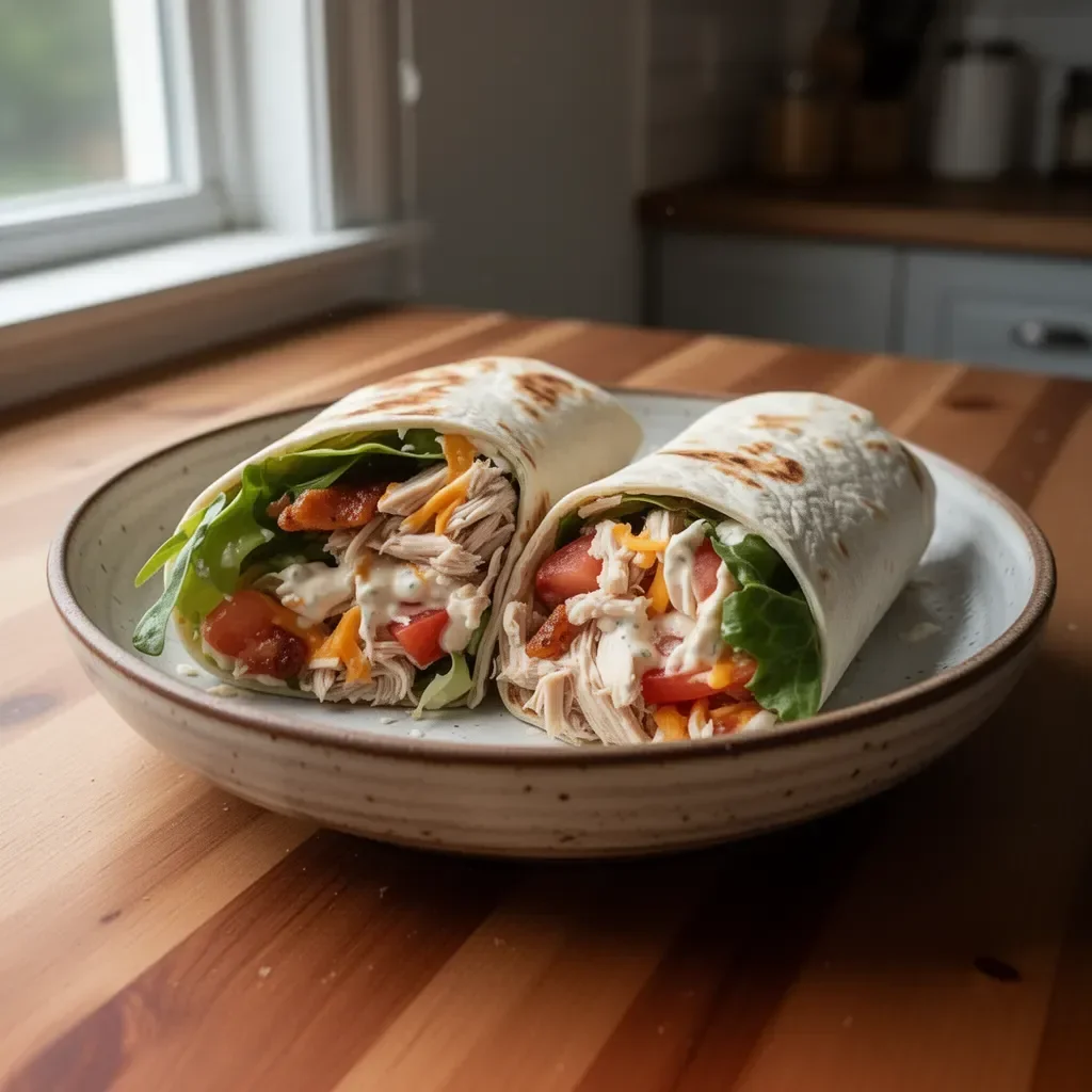 Delicious rotisserie chicken wrap filled with fresh vegetables and sauce