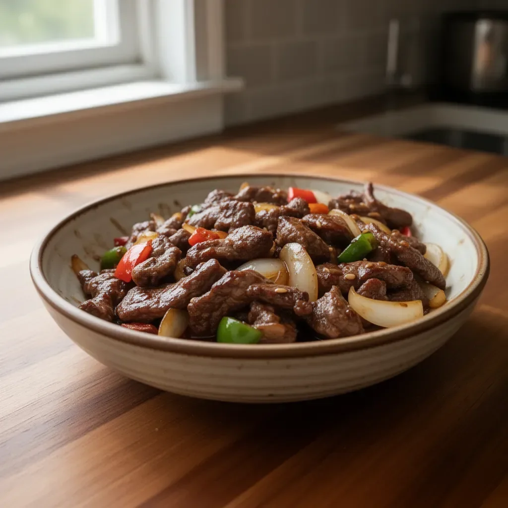 Sizzling Chinese pepper steak with onions served on a plate