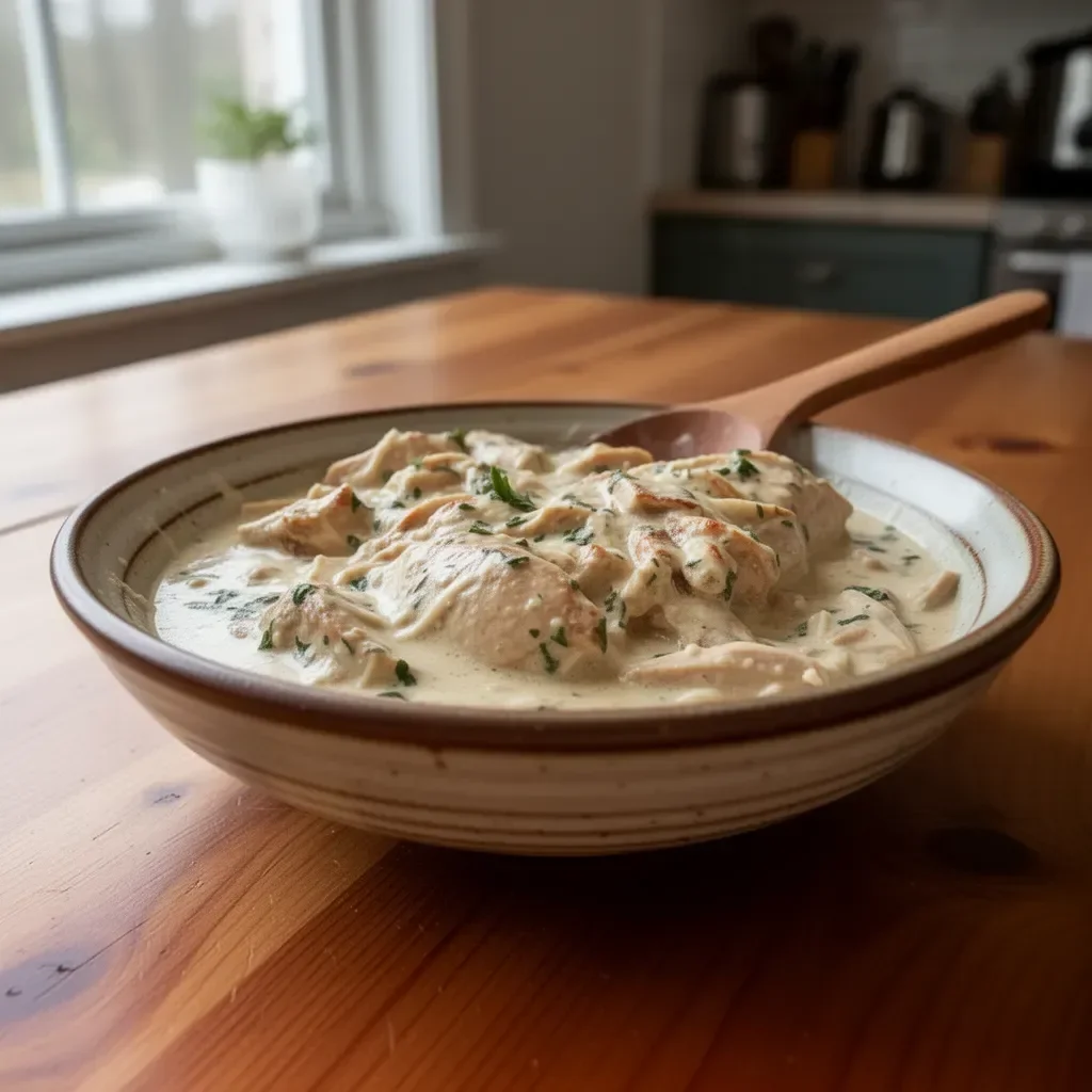 Slow Cooker Creamy Italian Chicken served with herbs and sauce
