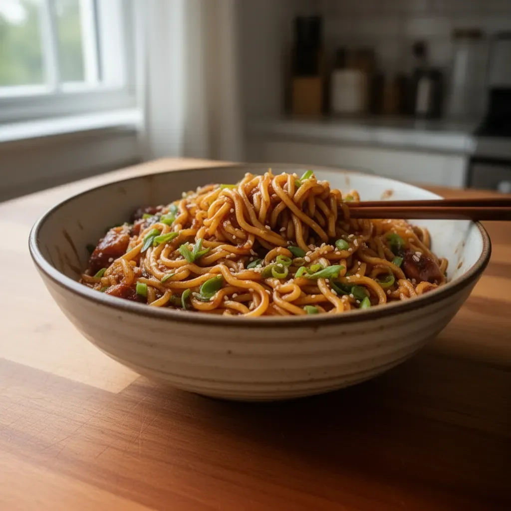 Sticky Garlic Chicken Noodles served in a bowl with green onions