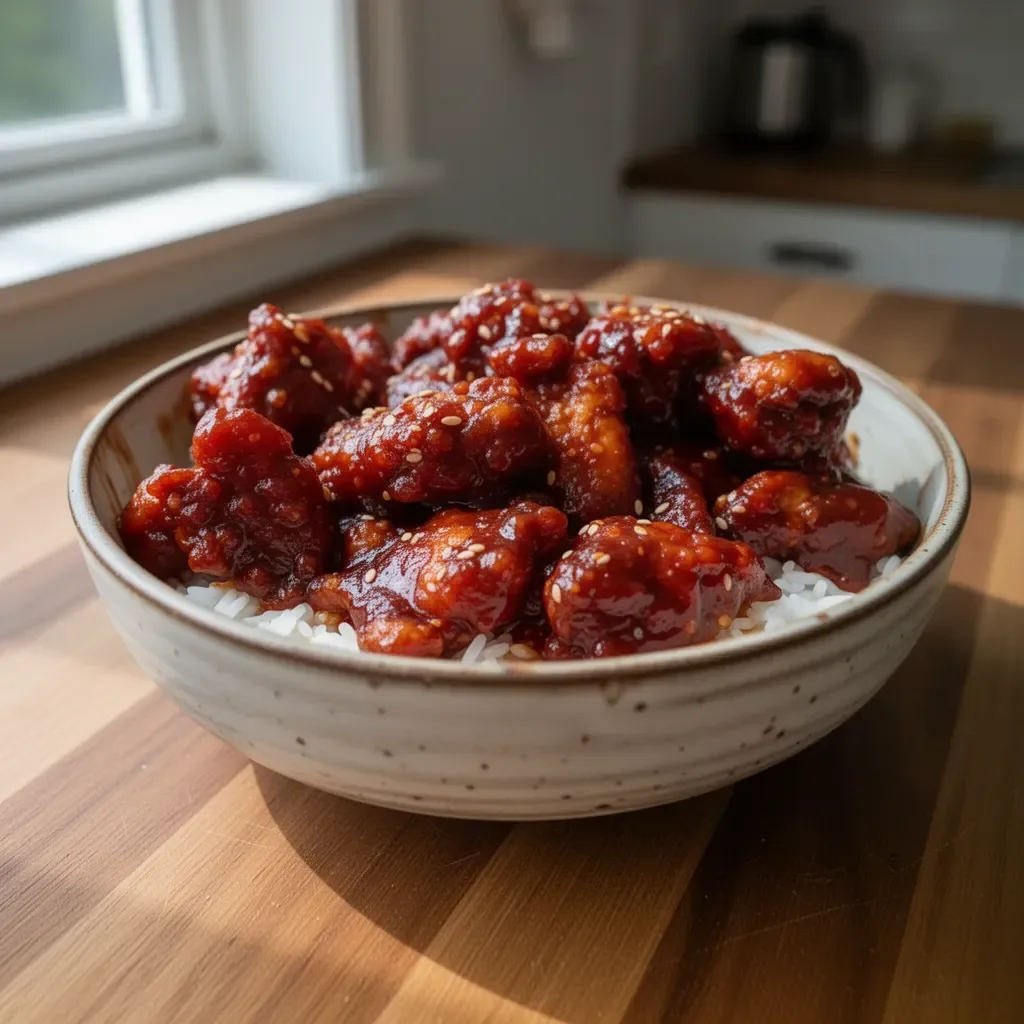 Sticky honey gochujang chicken garnished with sesame seeds and green onions