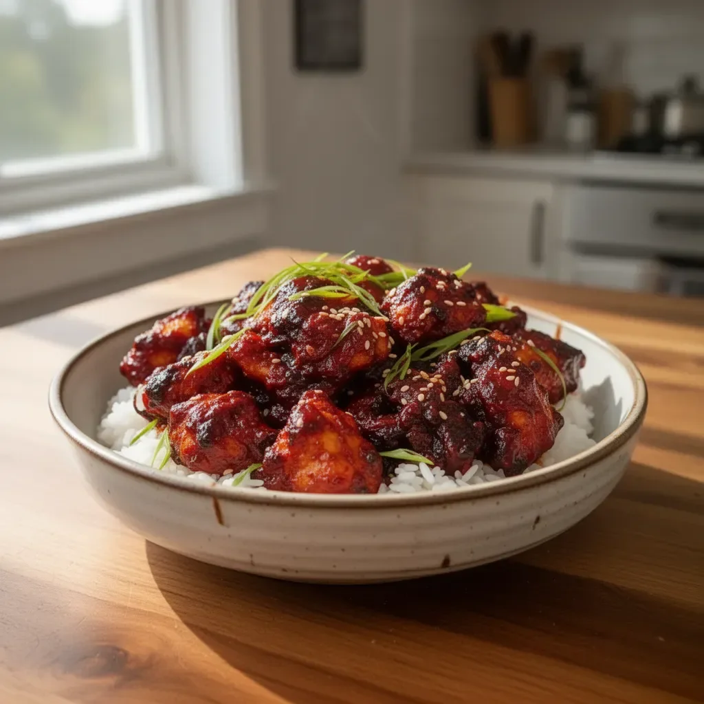 Sticky Korean Gochujang Chicken 3 Plate of sticky Korean Gochujang Chicken garnished with sesame seeds