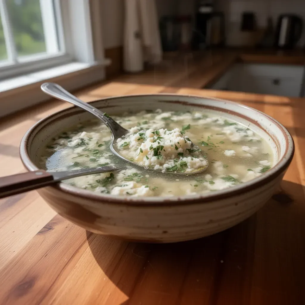 Bowl of delicious Stracciatella Soup garnished with herbs and Parmesan cheese
