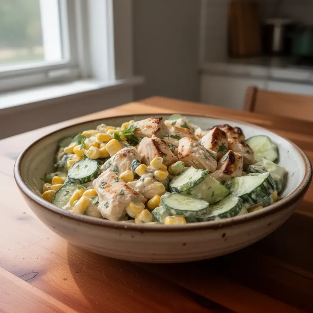Street Corn Creamy Cucumber Chicken Salad with vibrant ingredients