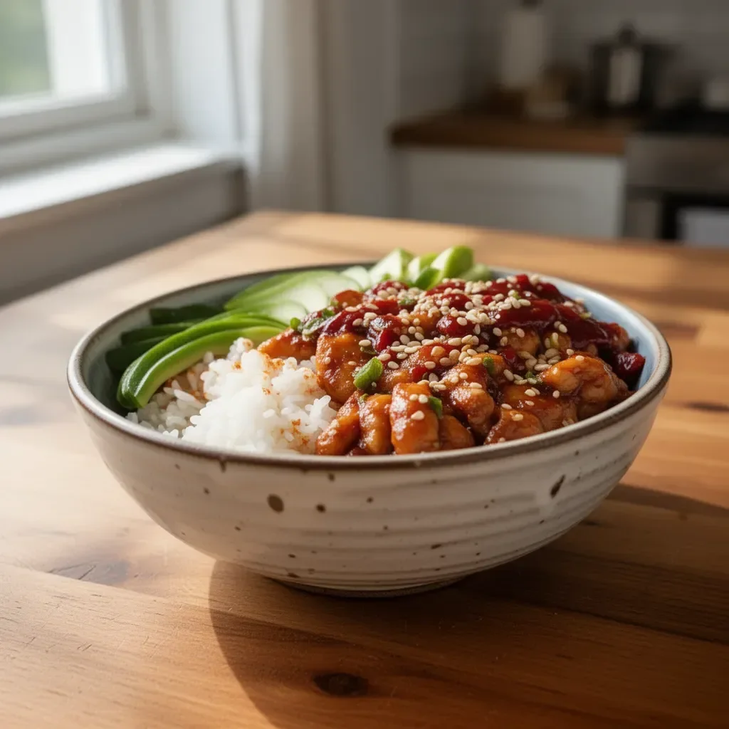 Delicious sweet and spicy gochujang chicken bowls garnished with vegetables.