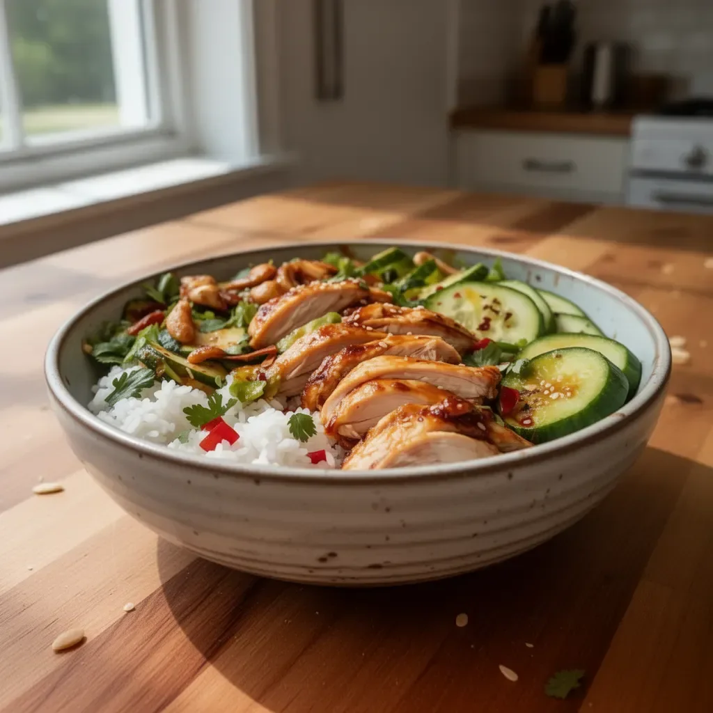 Delicious Sweet Chili Rotisserie Chicken Bowl with colorful veggies and rice