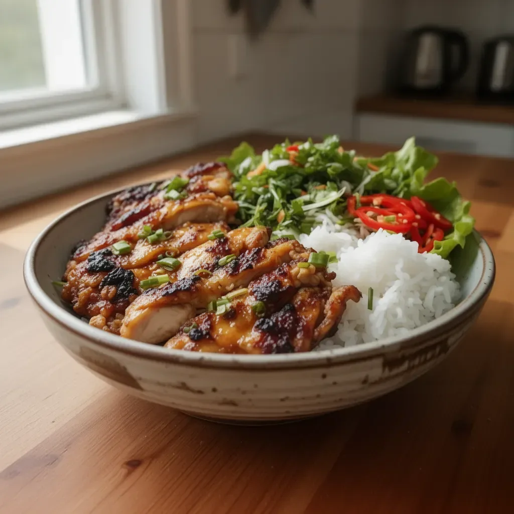 Delicious Vietnamese Lemongrass Chicken served with fresh herbs
