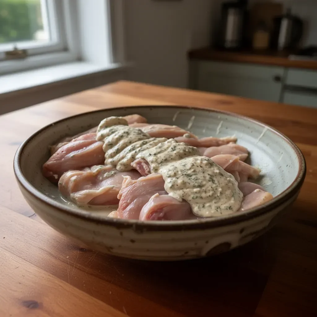 Yogurt marinated chicken cooked to perfection with flavorful herbs and spices.
